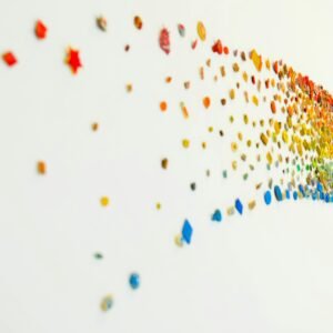 Vibrant abstract rainbow art with colorful shapes on a white wall, perfect for creative backgrounds.